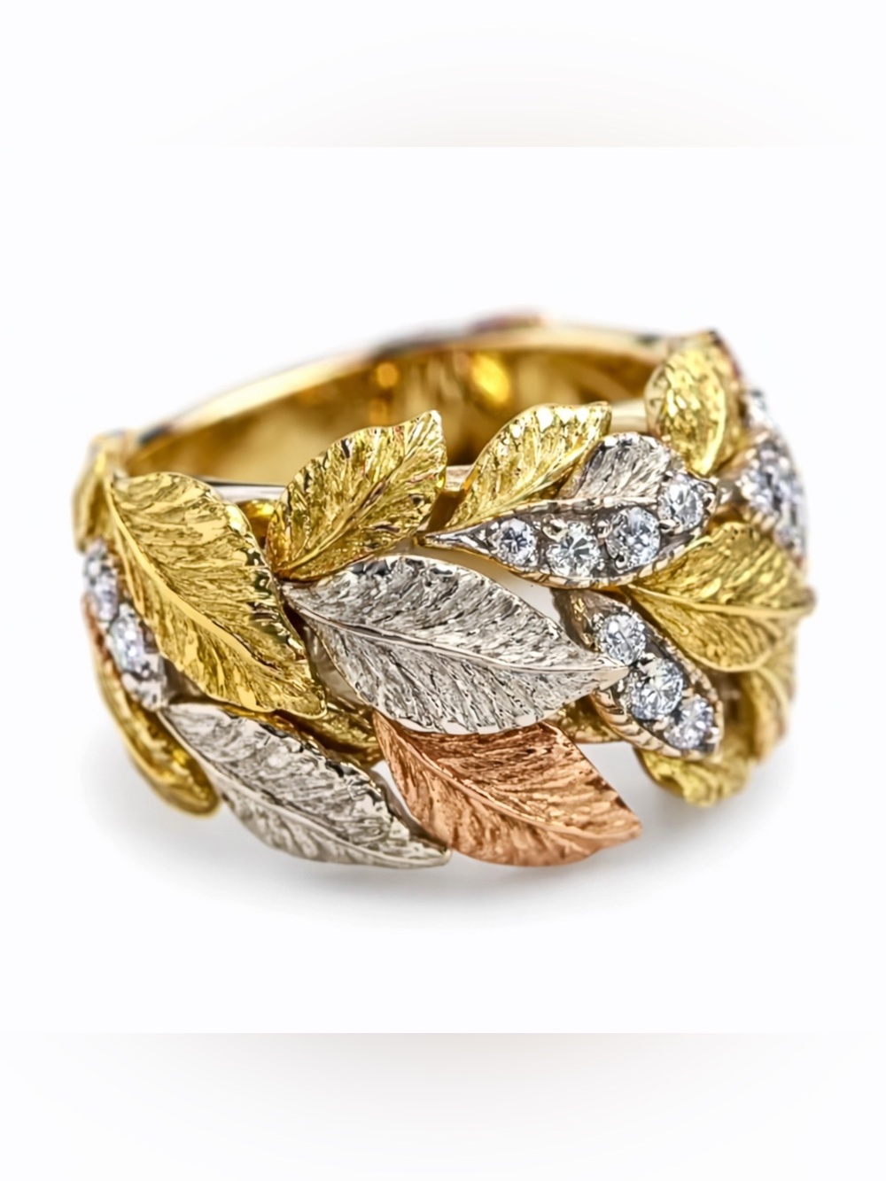 Tri-Color Leaf Diamond Band Ring